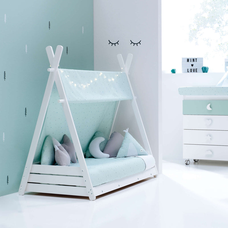 Cama-cabaña Montessori 90x200 cm con textil Mint · Homy XL