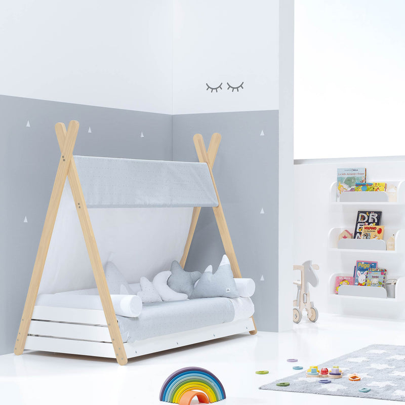 Cama júnior Montessori madera 90x200 cm con textil Galaxy · Homy Life XL