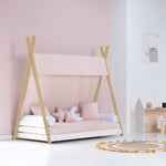 Cama cabaña Montessori de madera con textil rosa para habitación de niñas