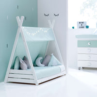 Mejores camas tipi para bebés y niños cama Montessori tipo cabaña, estructura de madera blanca para niños, diseño funcional y educativo azul