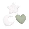 Set 3 cojines (luna, estrella, corazón) verde-oliva · Mist 693A-156