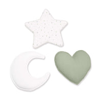 Set 3 cojines (luna, estrella, corazón) verde-oliva · Mist 693A-156