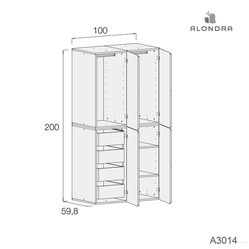 Medidas del armario modular 100cm de 4 módulos A3014 de Alondra