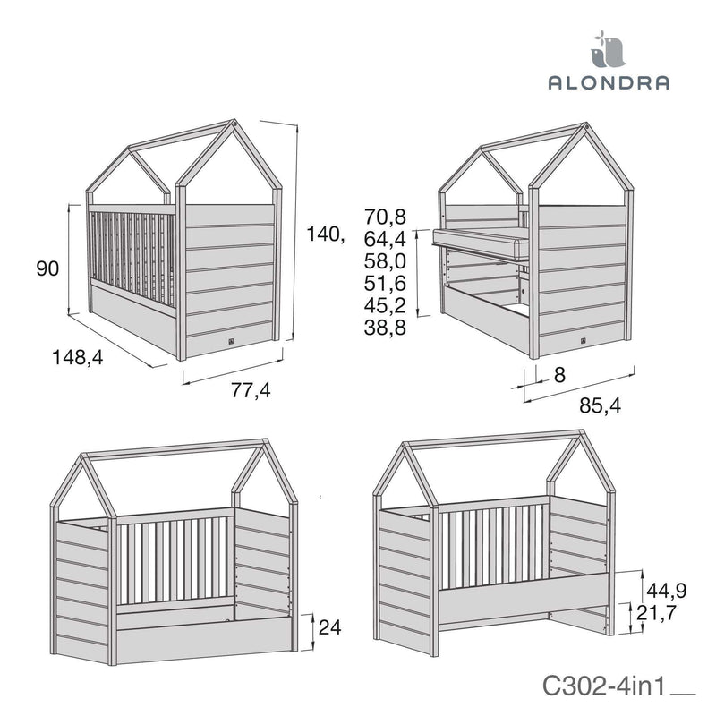 Medidas estructura de la cuna casa AUNA de Alondra C302