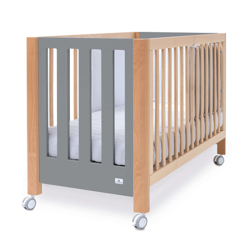 Cuna madera/gris con ruedas de 60x120 cm para bebés recién nacidos