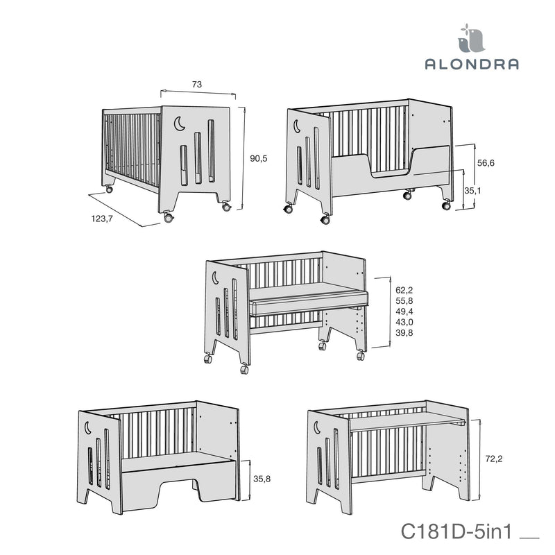 Cuna colecho 60x120 cm (5en1) blanco/antracita · Omni Due Antracita