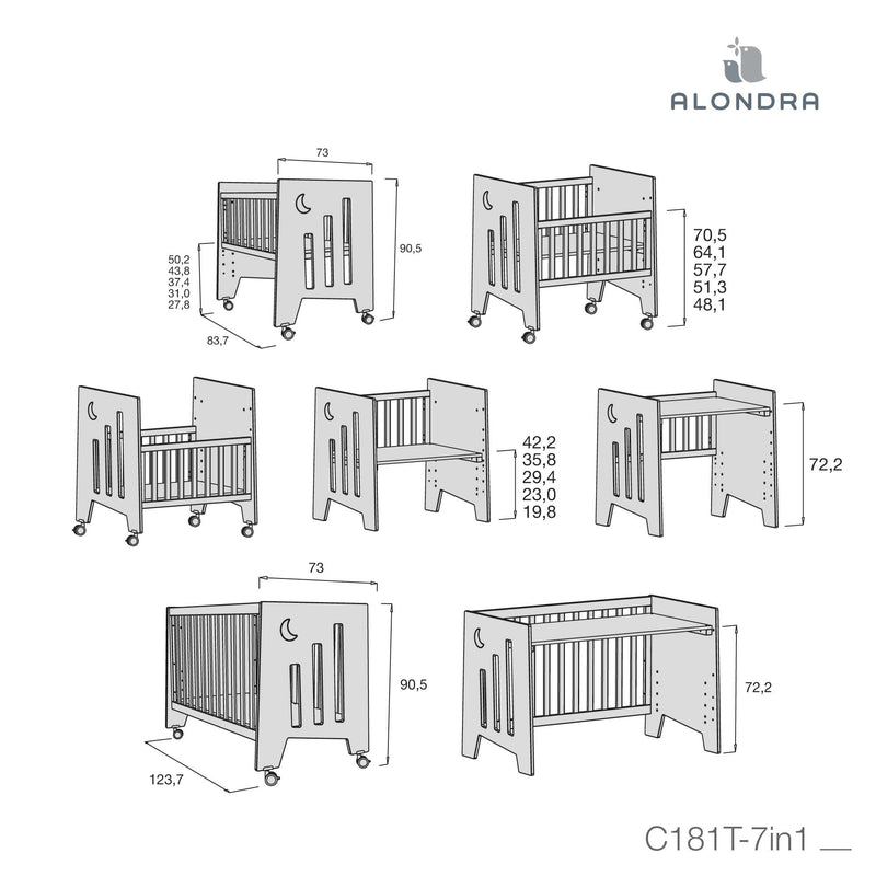 Minicuna 60x80 cm y cuna 60x120 cm (7en1) blanca · Omni Tre White