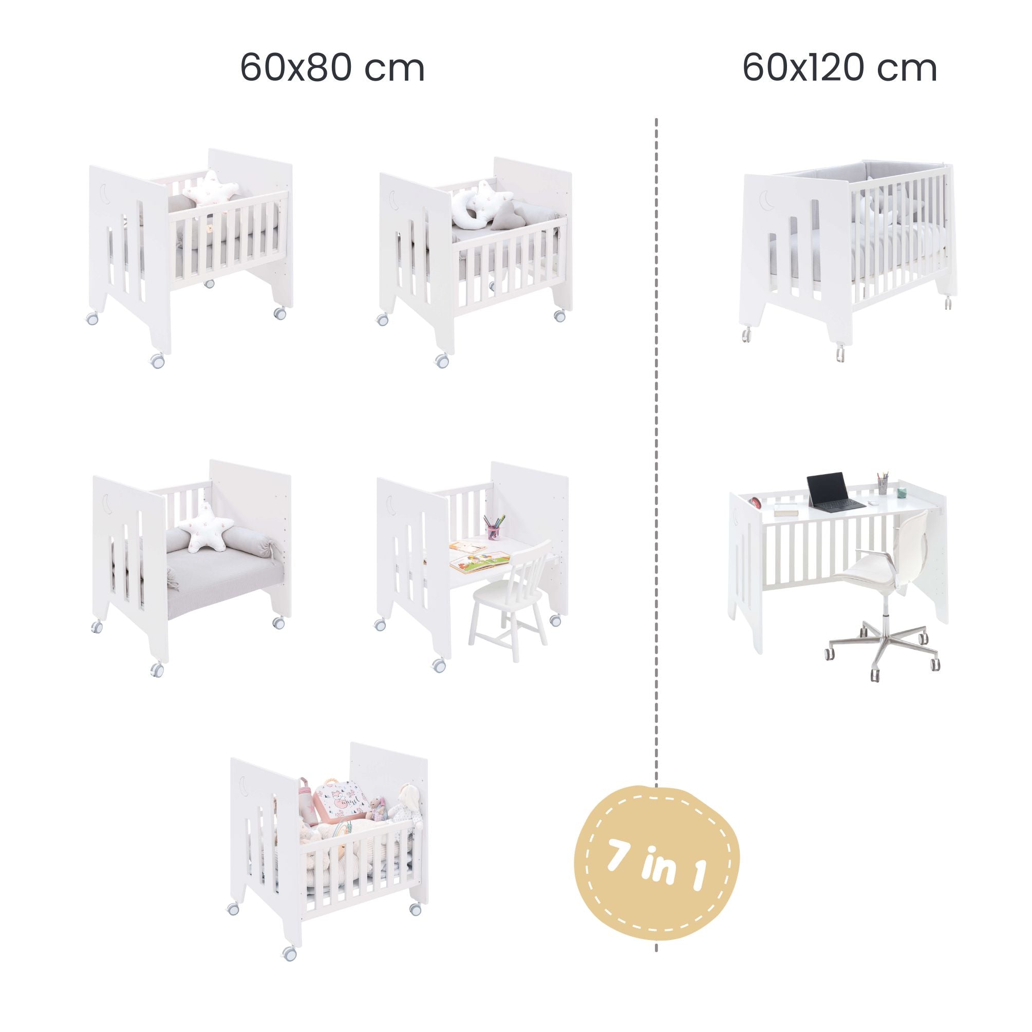 Minicuna 60x80 cm y cuna 60x120 cm (7en1) blanca · Omni Tre White C181T-M7700