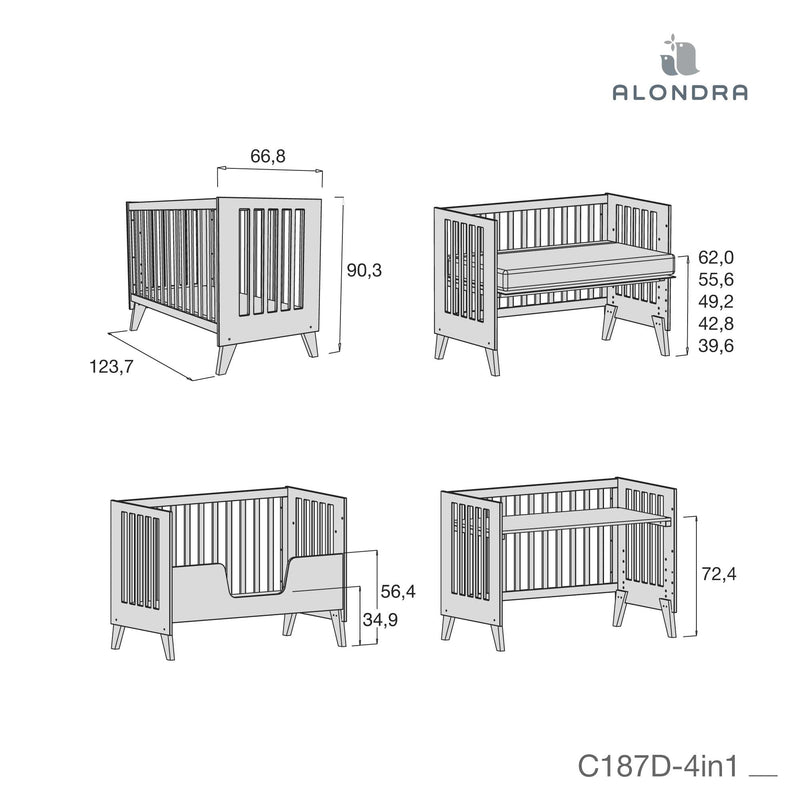 Cuna colecho 60x120 cm (4en1) blanco/gris · Nexo Due Grey