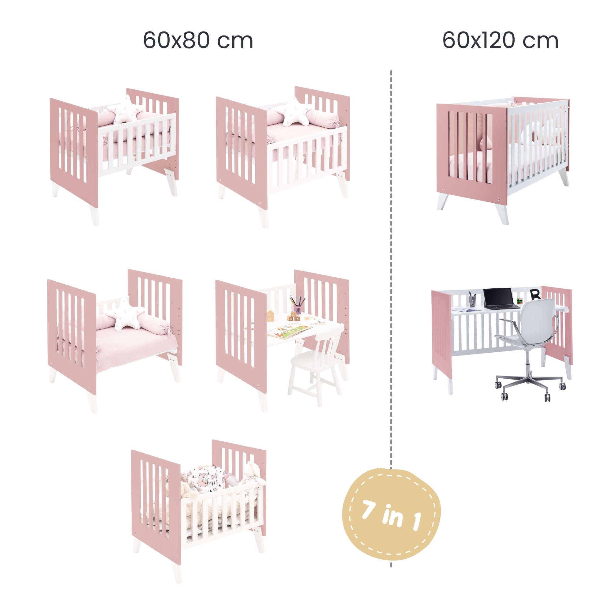 Minicuna y cuna todo en uno (7en1) blanca/rosa · Nexo Tre Quarzo C187T-M7759