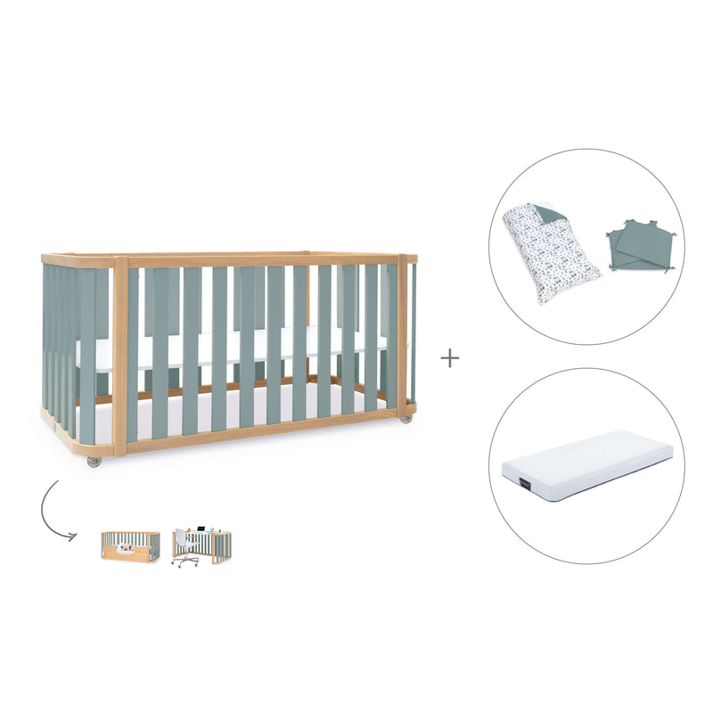 Cuna-cama-escritorio 70x140 cm (3en1) madera/verde · Crea Plus Due C350-M5057