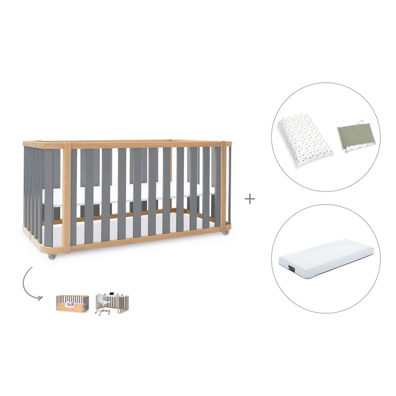 Cuna-cama-escritorio 70x140 cm (3en1) madera/gris · Crea Plus Due C350-M5058