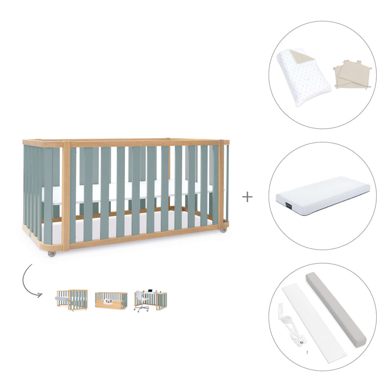 Cuna-cama-escritorio 70x140 cm (3en1) madera/verde · Crea Plus Due C350-M5057