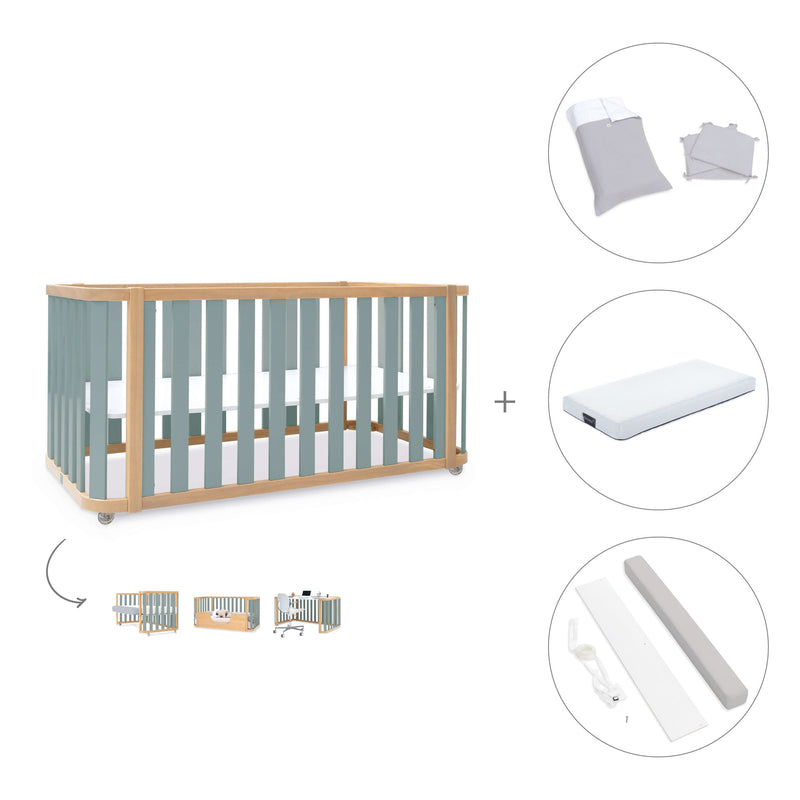 Cuna-cama-escritorio 70x140 cm (3en1) madera/verde · Crea Plus Due C350-M5057