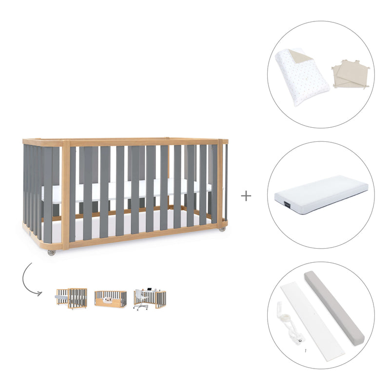 Cuna-cama-escritorio 70x140 cm (3en1) madera/gris · Crea Plus Due C350-M5058