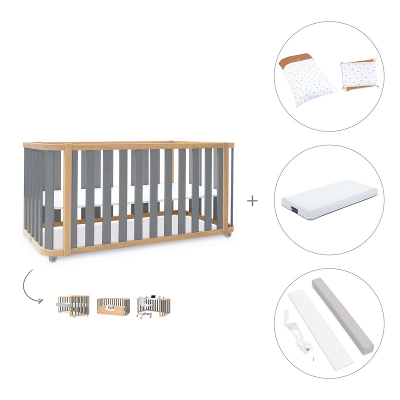 Cuna-cama-escritorio 70x140 cm (3en1) madera/gris · Crea Plus Due C350-M5058