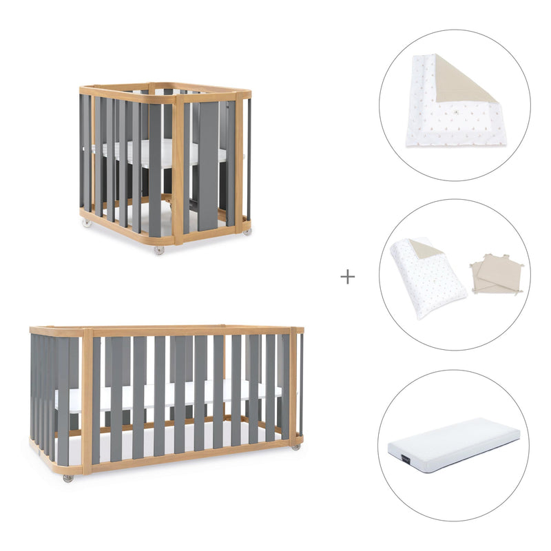 Minicuna-cuna-cama-escritorio (4en1) madera/gris · Crea Plus Tre C351-M5058