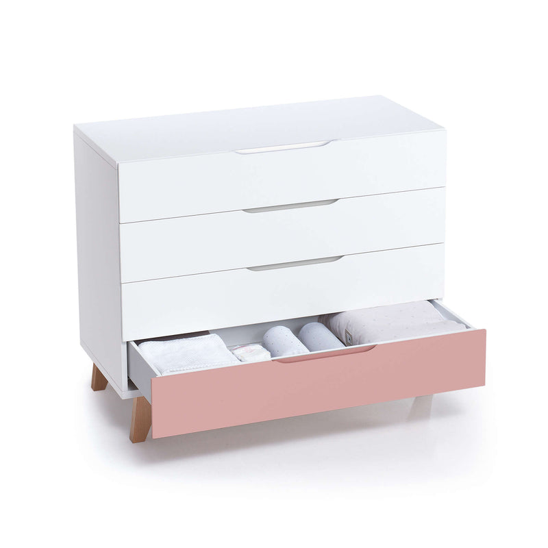 Set de cuna 60x120 cm y cómoda para bebé en madera, blanco y rosa