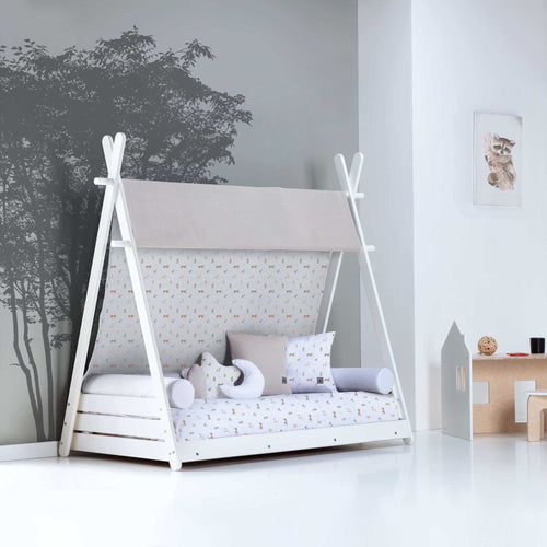 Cama-casa Montessori 90x200cm con textil estampado de bosque