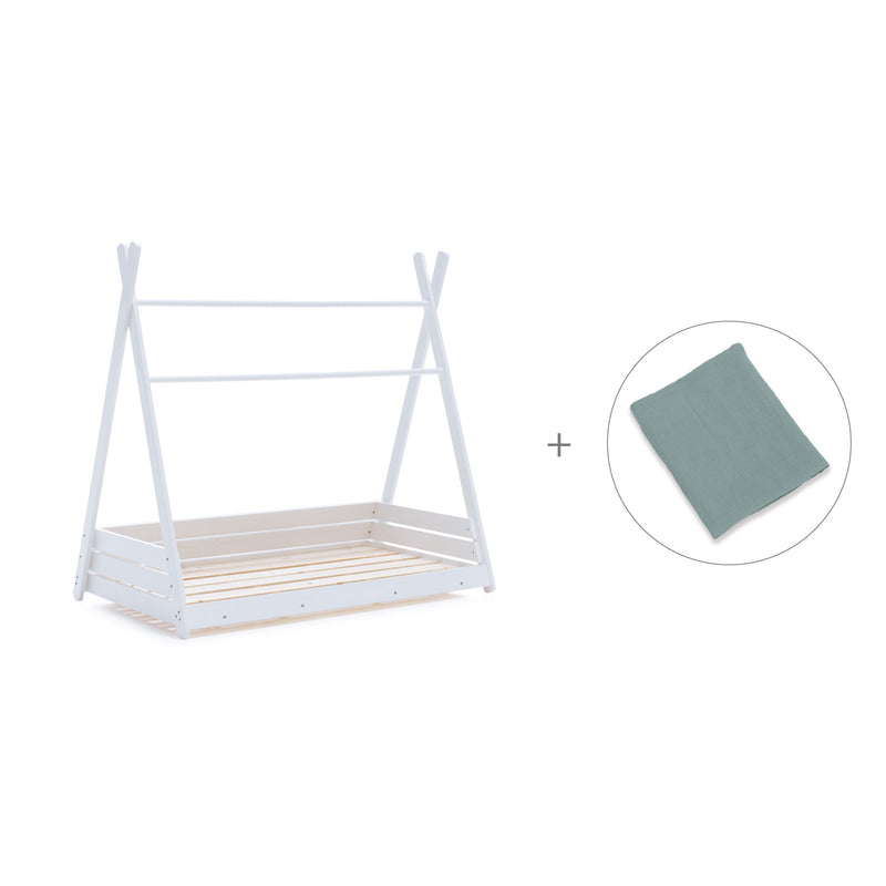 Cama Montessori blanca 70x140 cm con textil verde eucalipto · Homy