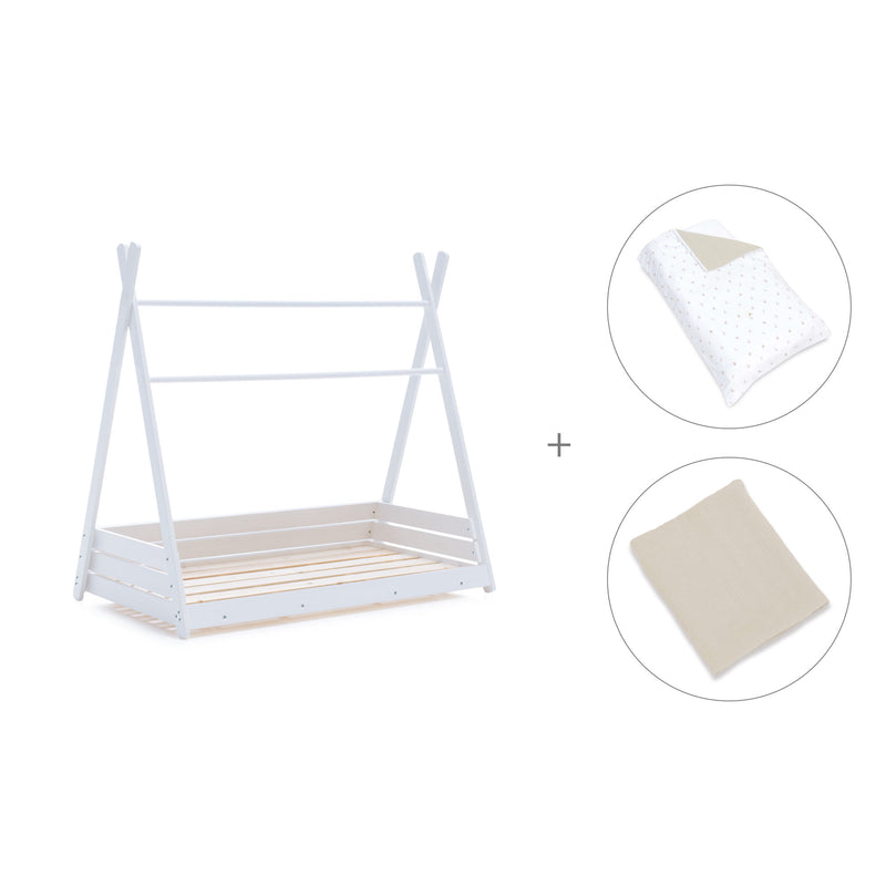 Cama Montessori blanca 70x140 cm con textil beige · Homy Nandina