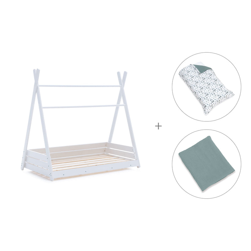Cama Montessori blanca 70x140 cm con textil verde eucalipto · Homy