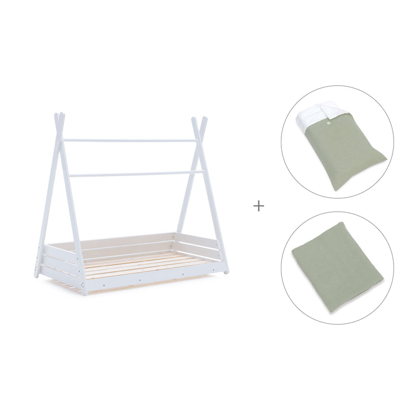Cama Montessori blanca 70x140 cm con textil verde · Homy
