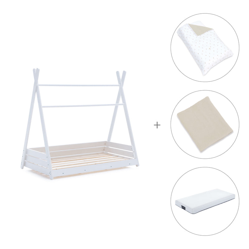 Cama Montessori blanca 70x140 cm con textil beige · Homy Nandina