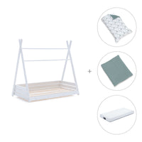 Cama Montessori blanca 70x140 cm con textil verde eucalipto · Homy