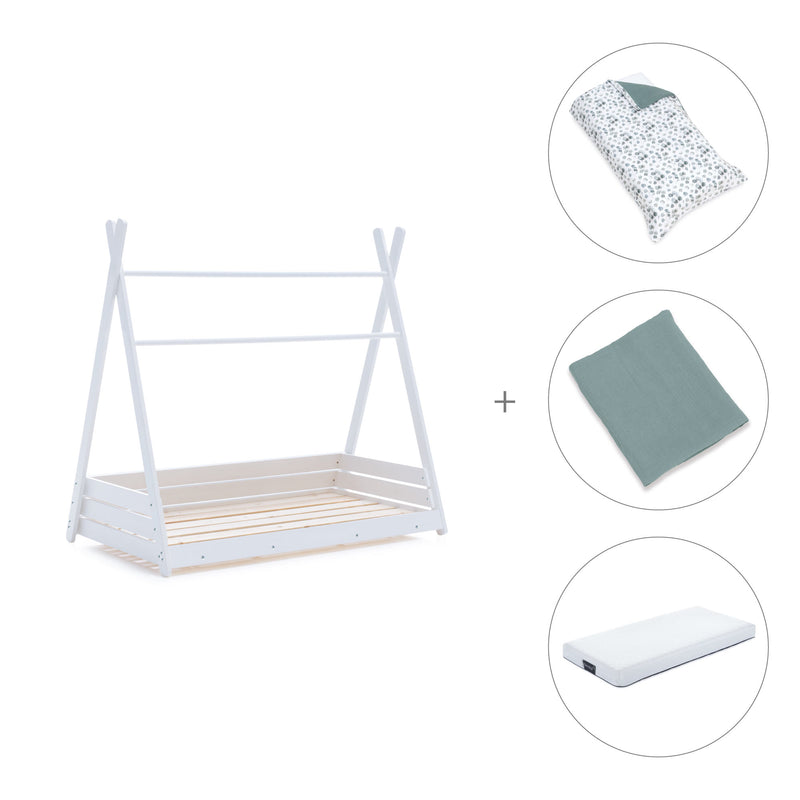 Cama Montessori blanca 70x140 cm con textil verde eucalipto · Homy