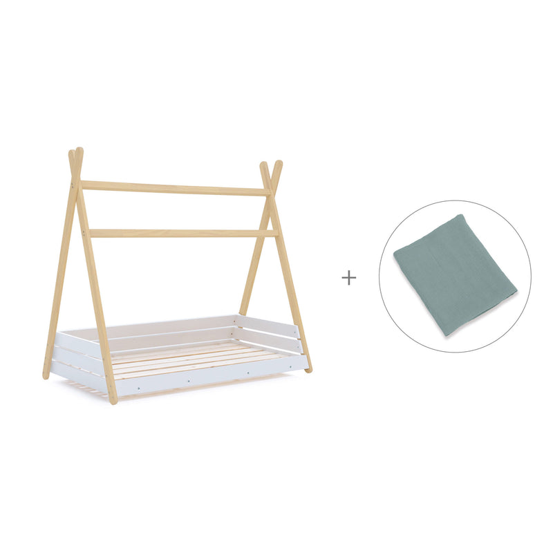 Cama Montessori madera 70x140 cm con textil verde eucalipto · Homy Life