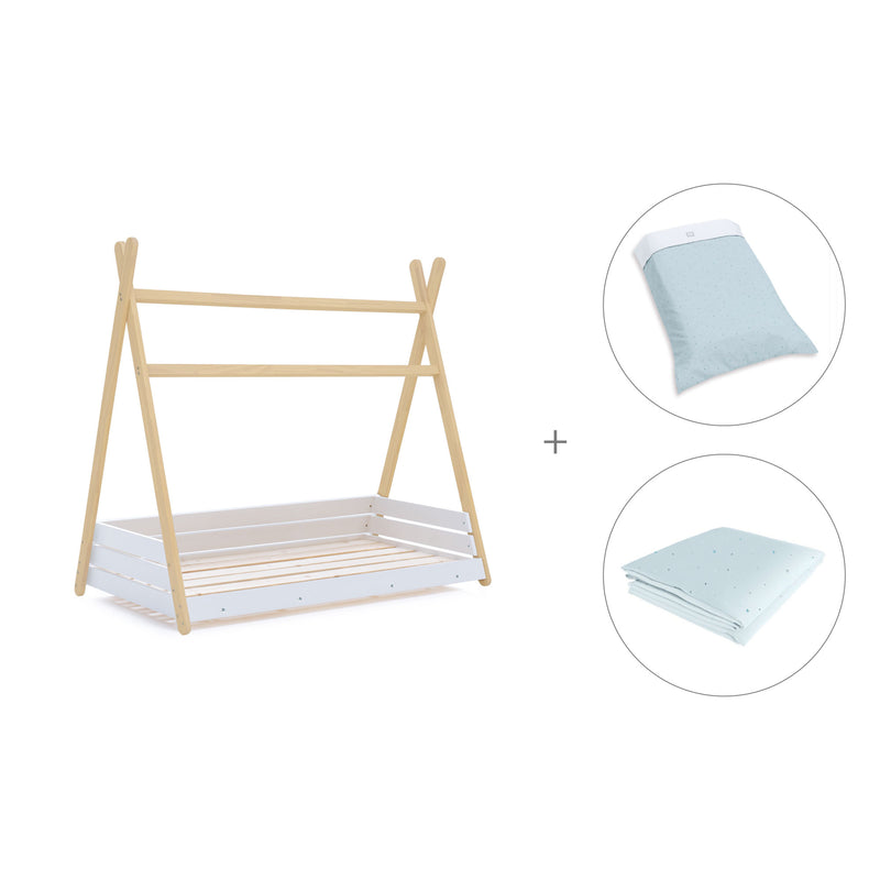 Cama cabaña Montessori madera 70x140 cm con textil Mint · Homy Life