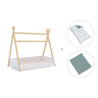 Cama Montessori madera 70x140 cm con textil verde eucalipto · Homy Life