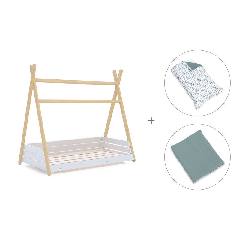 Cama Montessori madera 70x140 cm con textil verde eucalipto · Homy Life