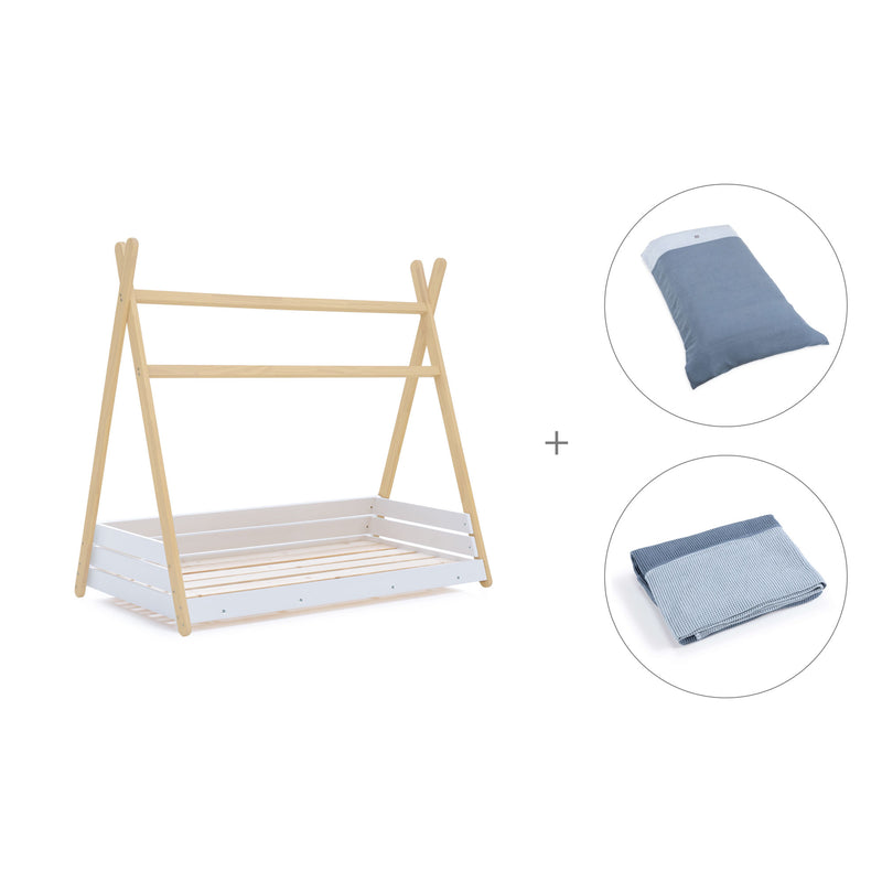 cama Montessori con forma de cabaña con conjunto de sábana y toldo