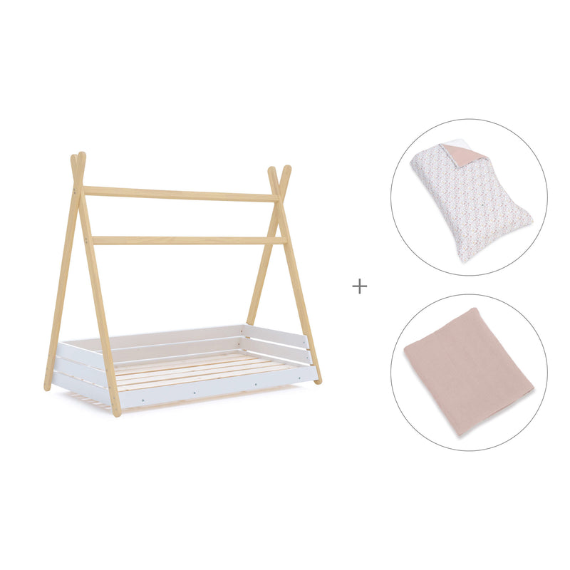 Cama Montessori madera 70x140 cm con textil flores rosa · Homy Life