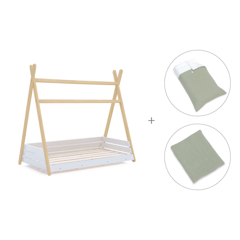 Cama Montessori madera 70x140 cm con textil verde · Homy Life