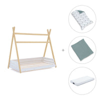 Cama Montessori madera 70x140 cm con textil verde eucalipto · Homy Life
