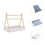 cama Montessori con cabaña y conjunto de colchón, sábana y toldo