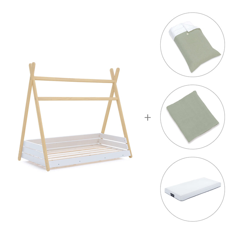 Cama Montessori madera 70x140 cm con textil verde · Homy Life