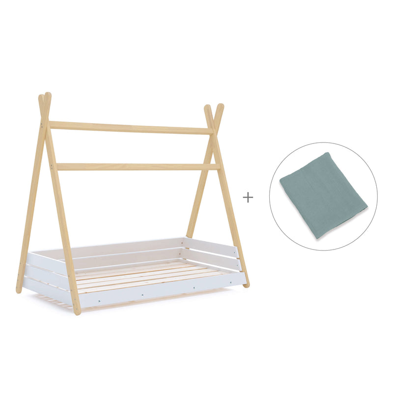Cama Montessori madera 90x200 cm con textil verde eucalipto · Homy Life XL