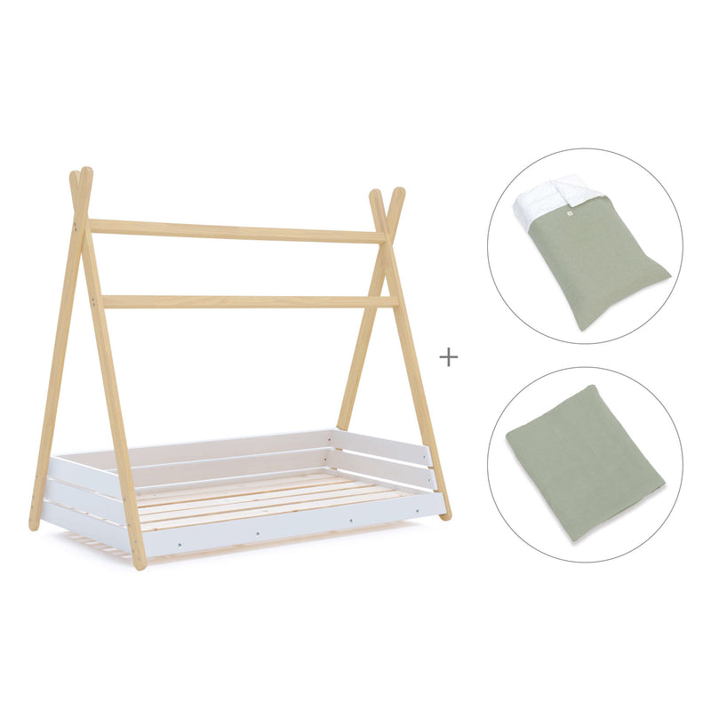 Cama Montessori madera 90x200 cm con textil verde · Homy Life XL