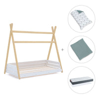 Cama Montessori madera 90x200 cm con textil verde eucalipto · Homy Life XL