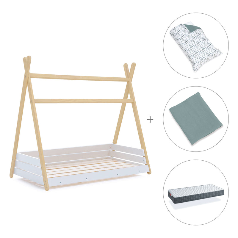 Cama Montessori madera 90x200 cm con textil verde eucalipto · Homy Life XL