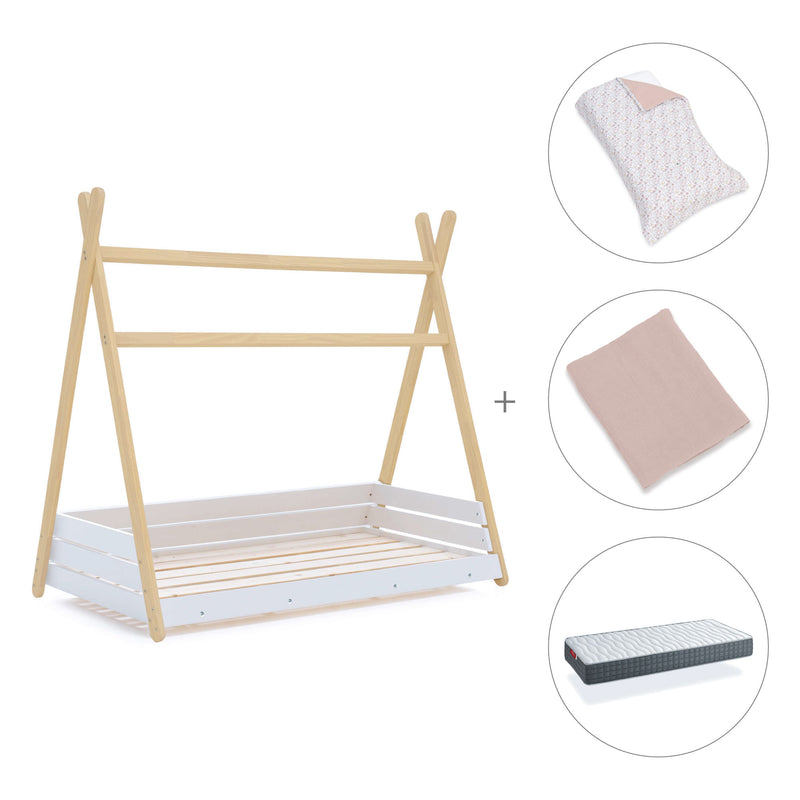 Cama Montessori madera 90x200 cm con textil rosa · Homy Life XL