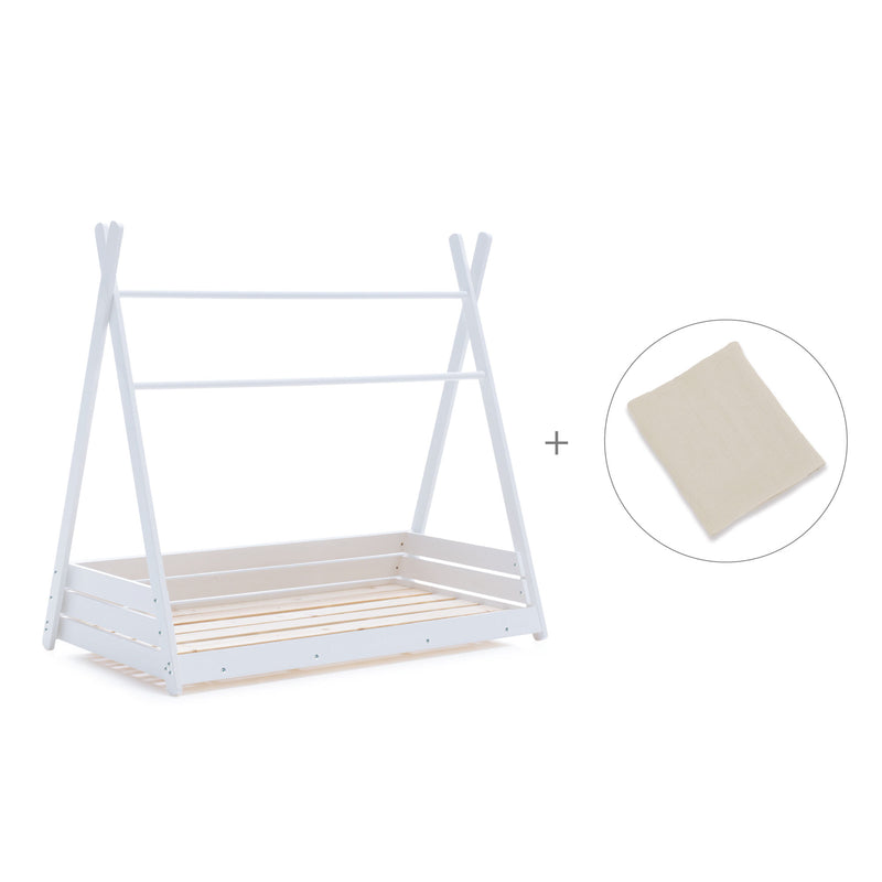 Cama Montessori blanca 90x200 cm con textil beige · Homy XL