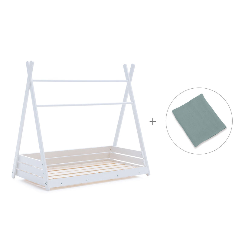 Cama Montessori blanca 90x200 cm con textil verde eucalipto · Homy XL