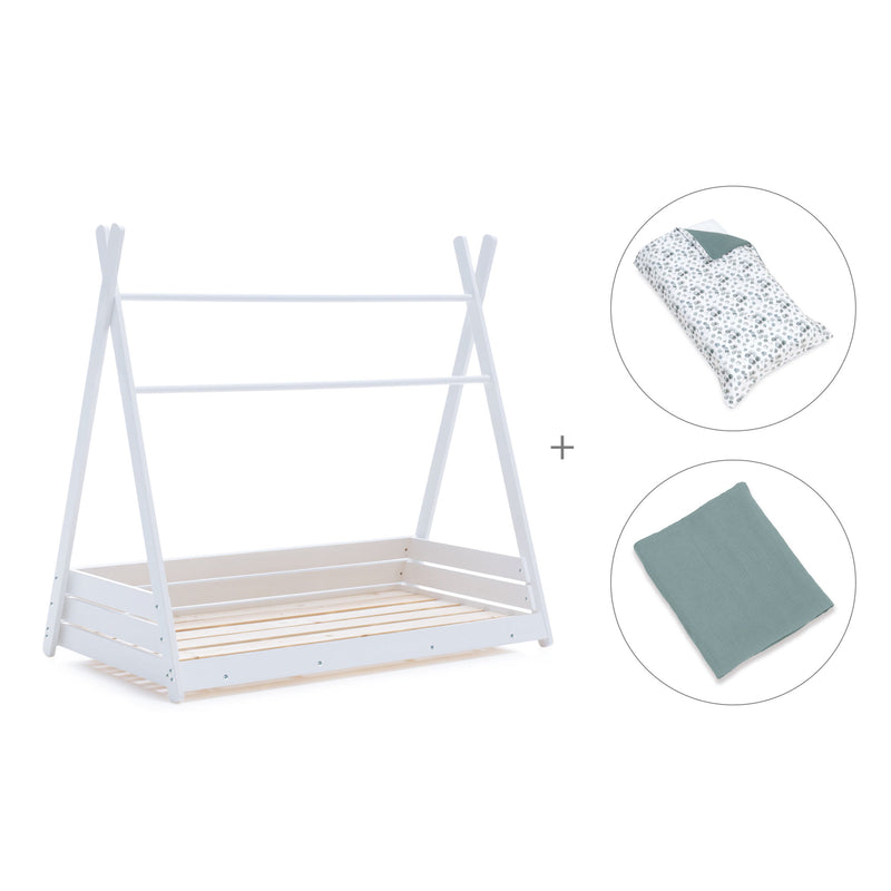 Cama Montessori blanca 90x200 cm con textil verde eucalipto · Homy XL