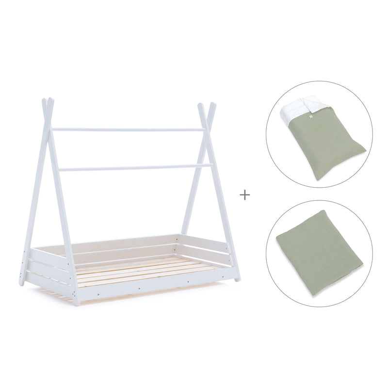 Cama Montessori blanca 90x200 cm con textil verde · Homy XL