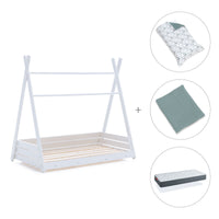 Cama Montessori blanca 90x200 cm con textil verde eucalipto · Homy XL